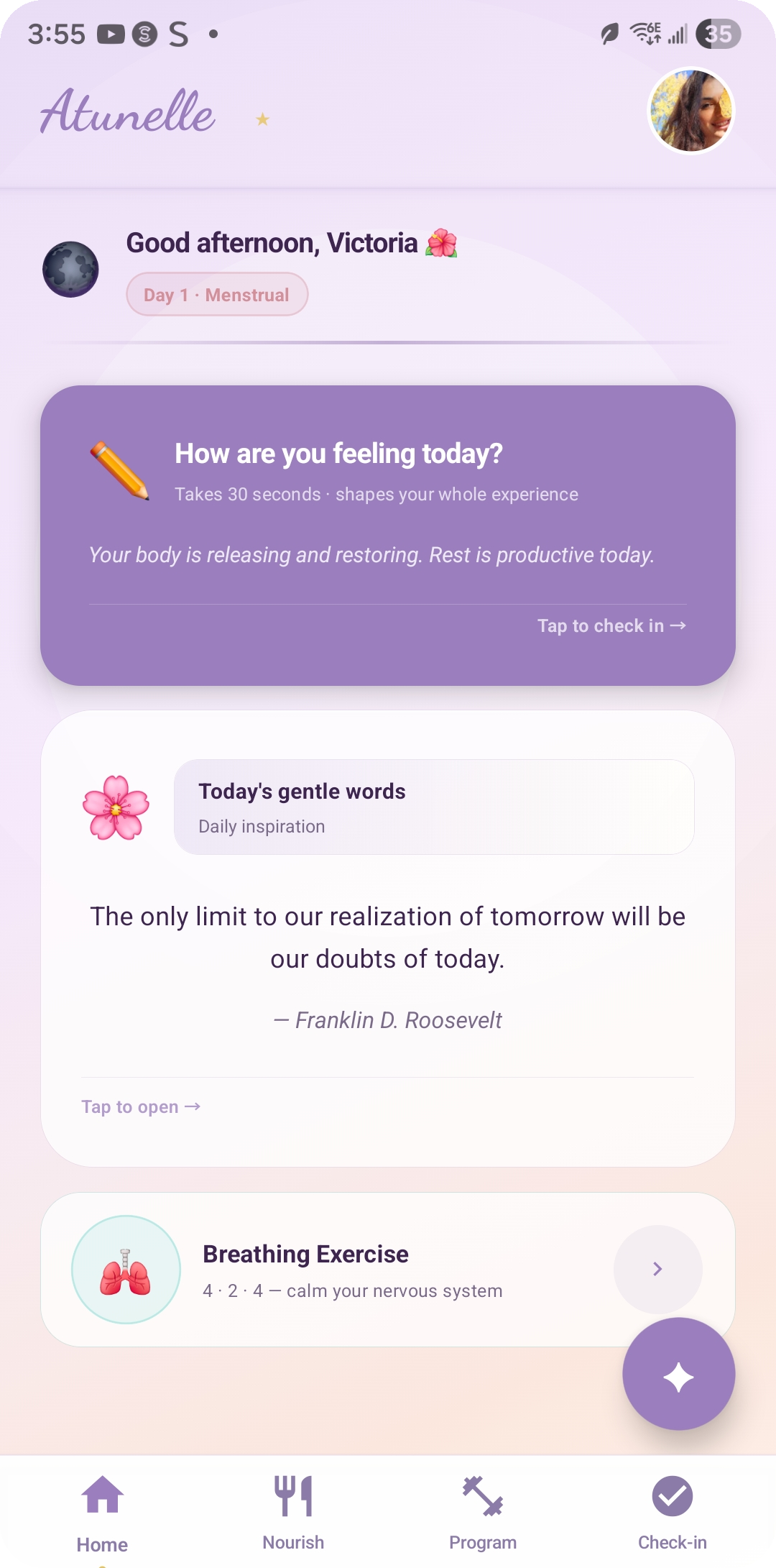 Atunelle home screen — daily check-in and cycle phase