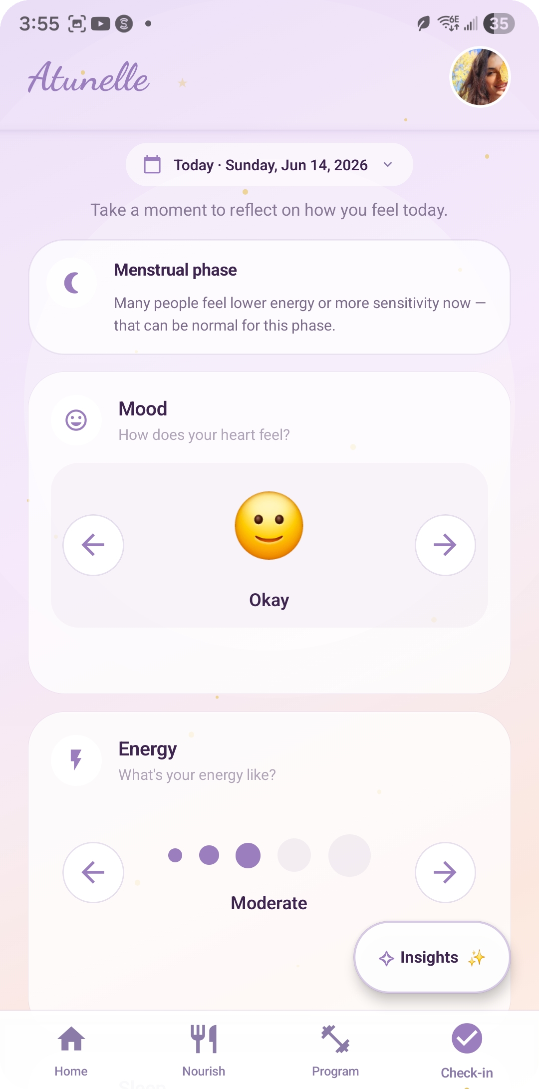 Atunelle check-in — mood, energy and sleep tracking